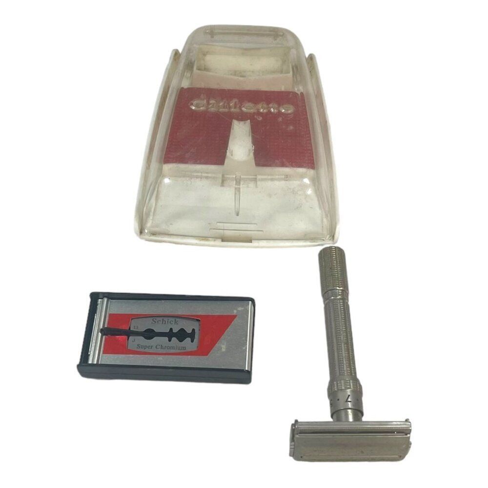 1962 Gillette Slim Adjustable Safety Razor Set Schick Super Chromium Blades Case